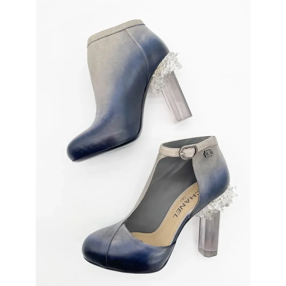 Chanel Fall 2012 Runway Navy Silver Ombre Leather Lucite Ice Crystal Heels EU 37